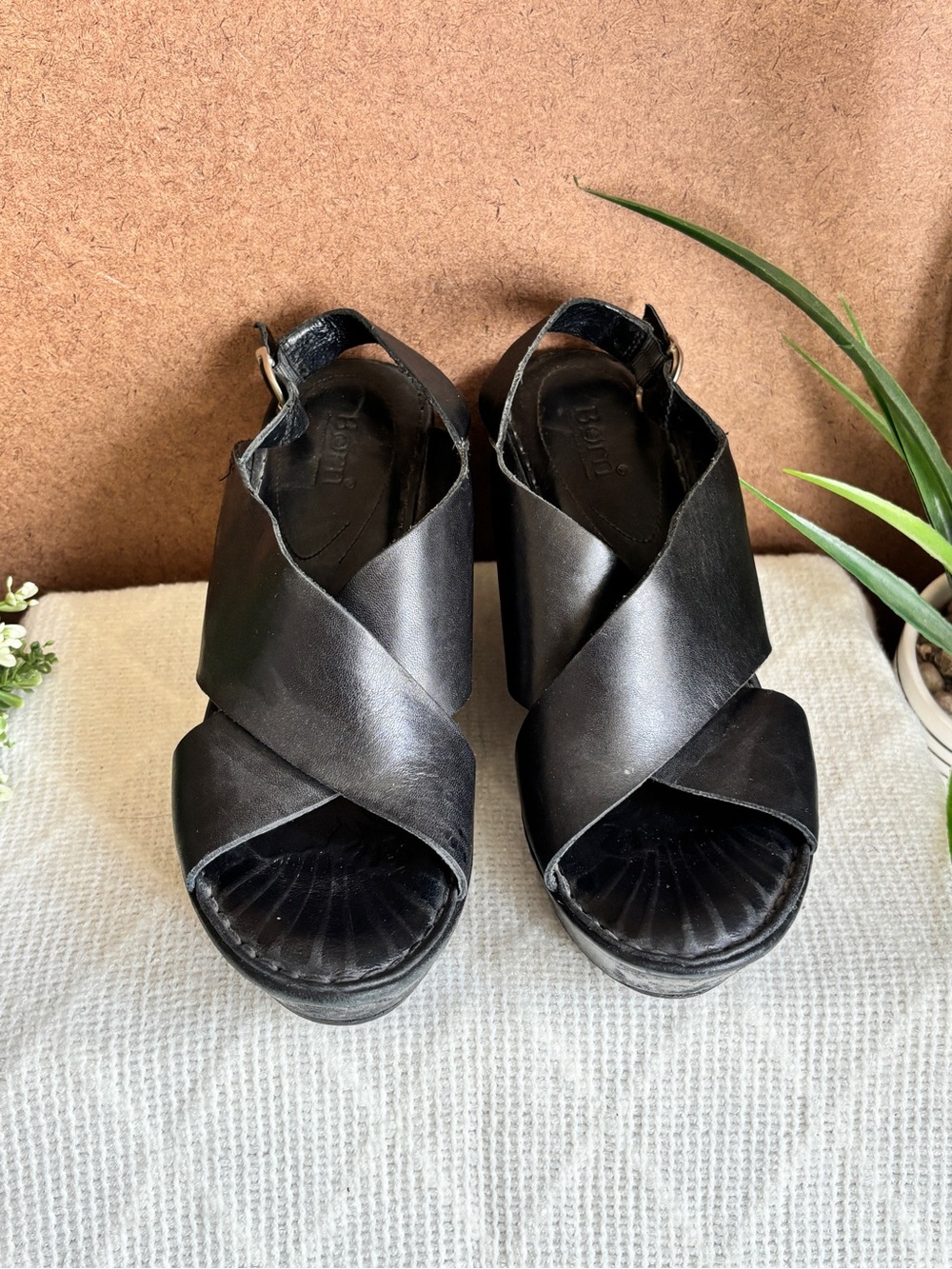 Born Black Leather Cross-Strap Platform Wedges